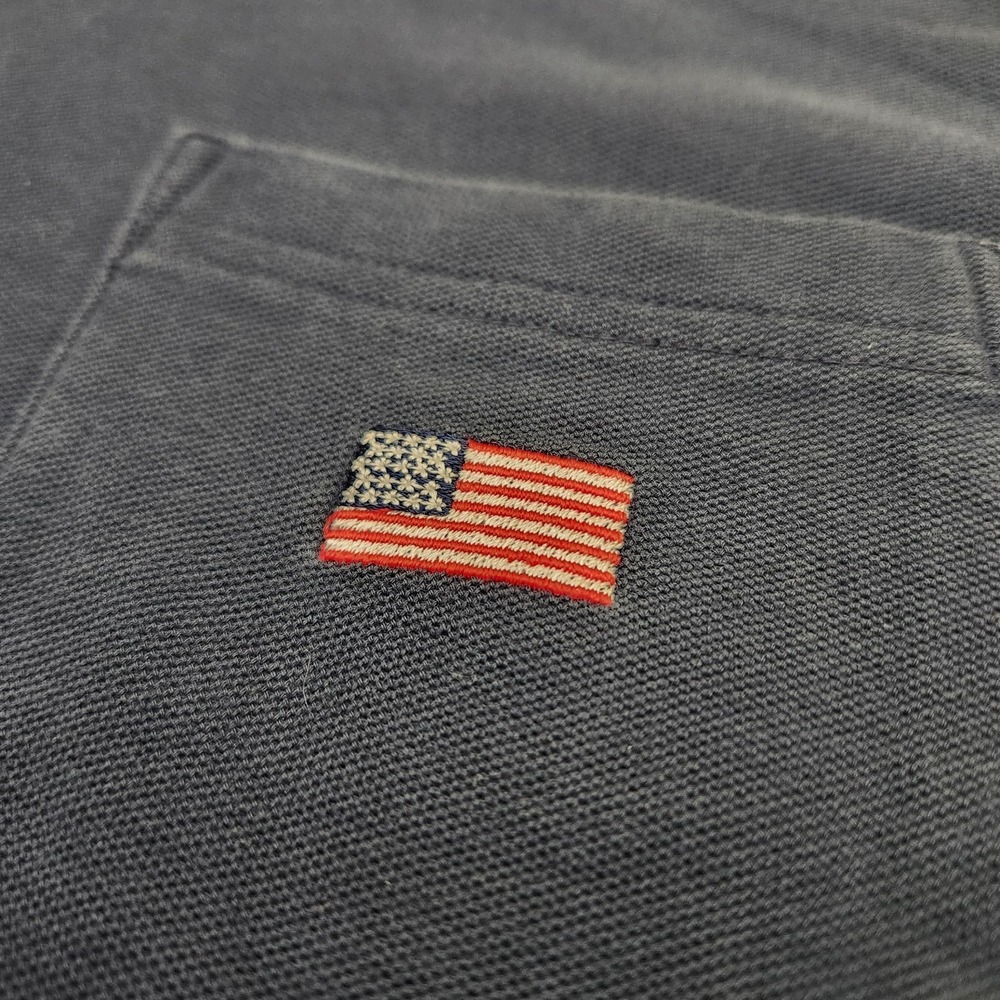 Vintage Orvis Polo Shirt Large Blue Cotton Pique Side Vents Heavy American Flag - Picture 2 of 6